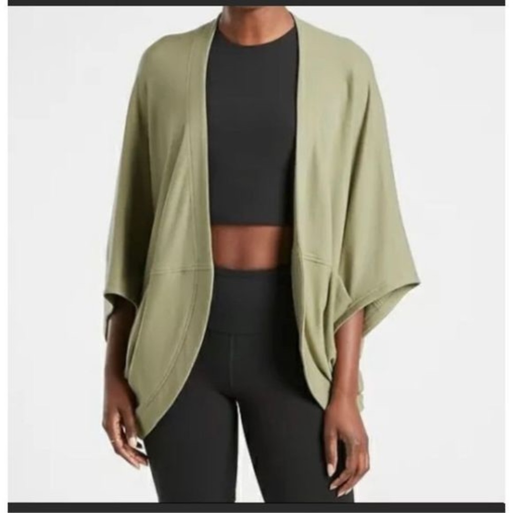 Athleta Ethereal Cocoon Wrap Cardigan Olive Green Open Front Pockets Size Large